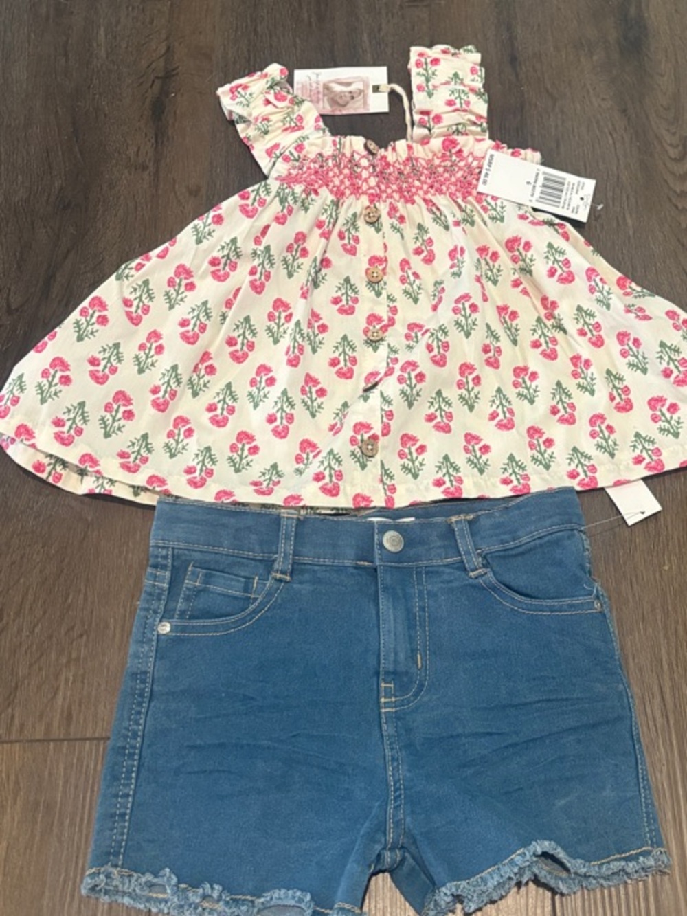 Jessica Simpson Cream Floral Smocked Top with Blue Denim Shorts